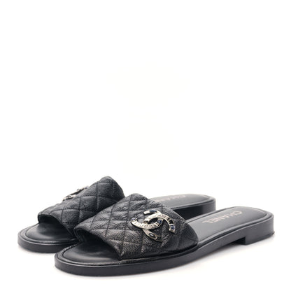 Chanel Shiny Goatskin Quilted CC Mules Sandals 39 Black 3 of 9