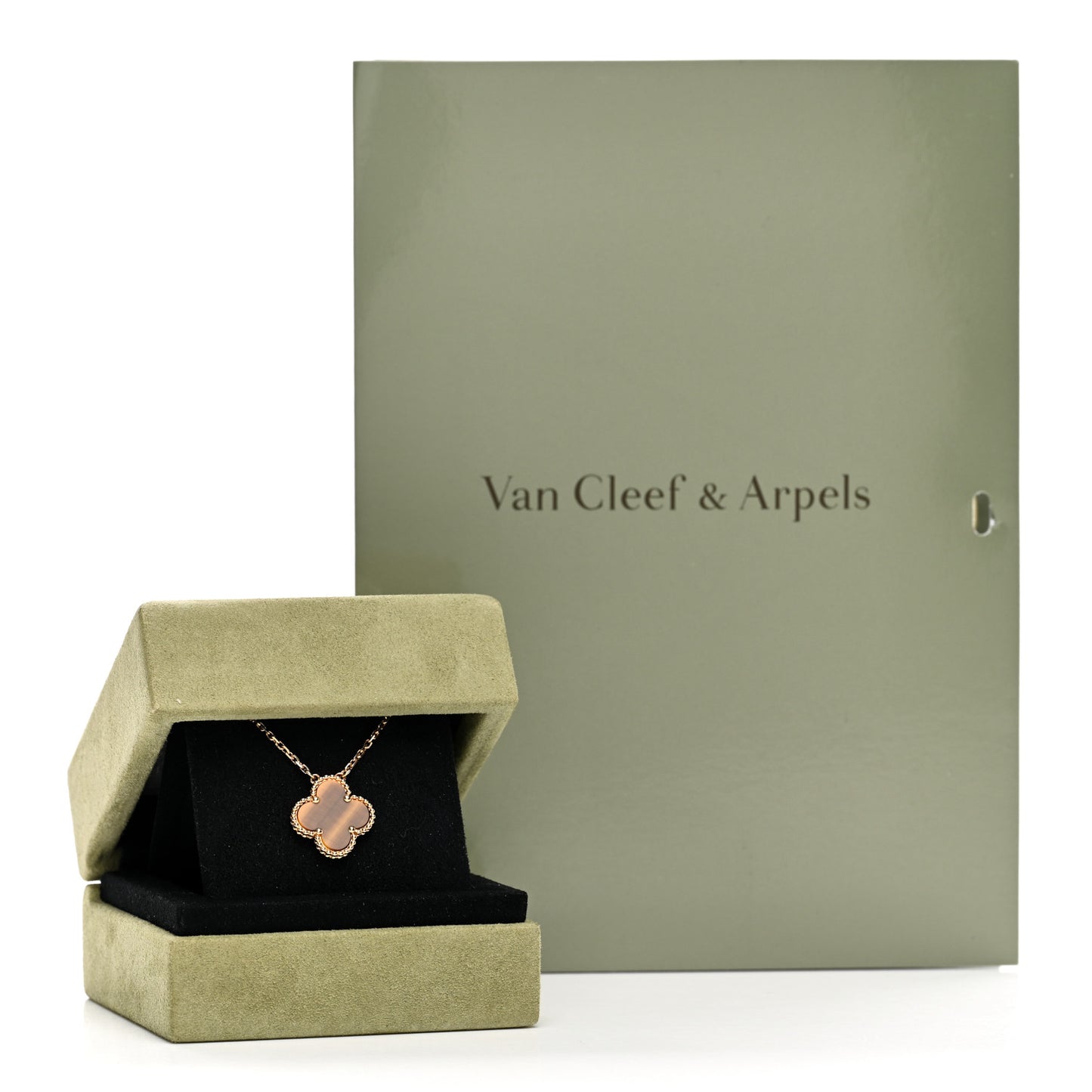 18K Yellow Gold Tiger Eye Vintage Alhambra Pendant Necklace