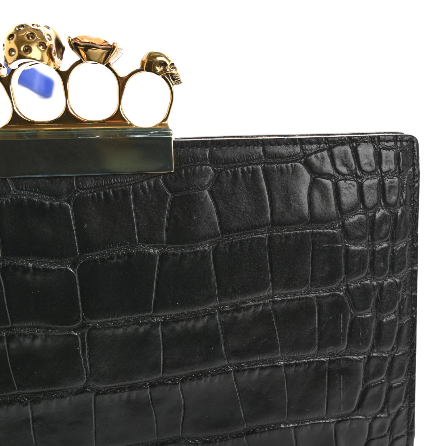 Calfskin Crocodile Embossed Knuckle Flat Clutch Black