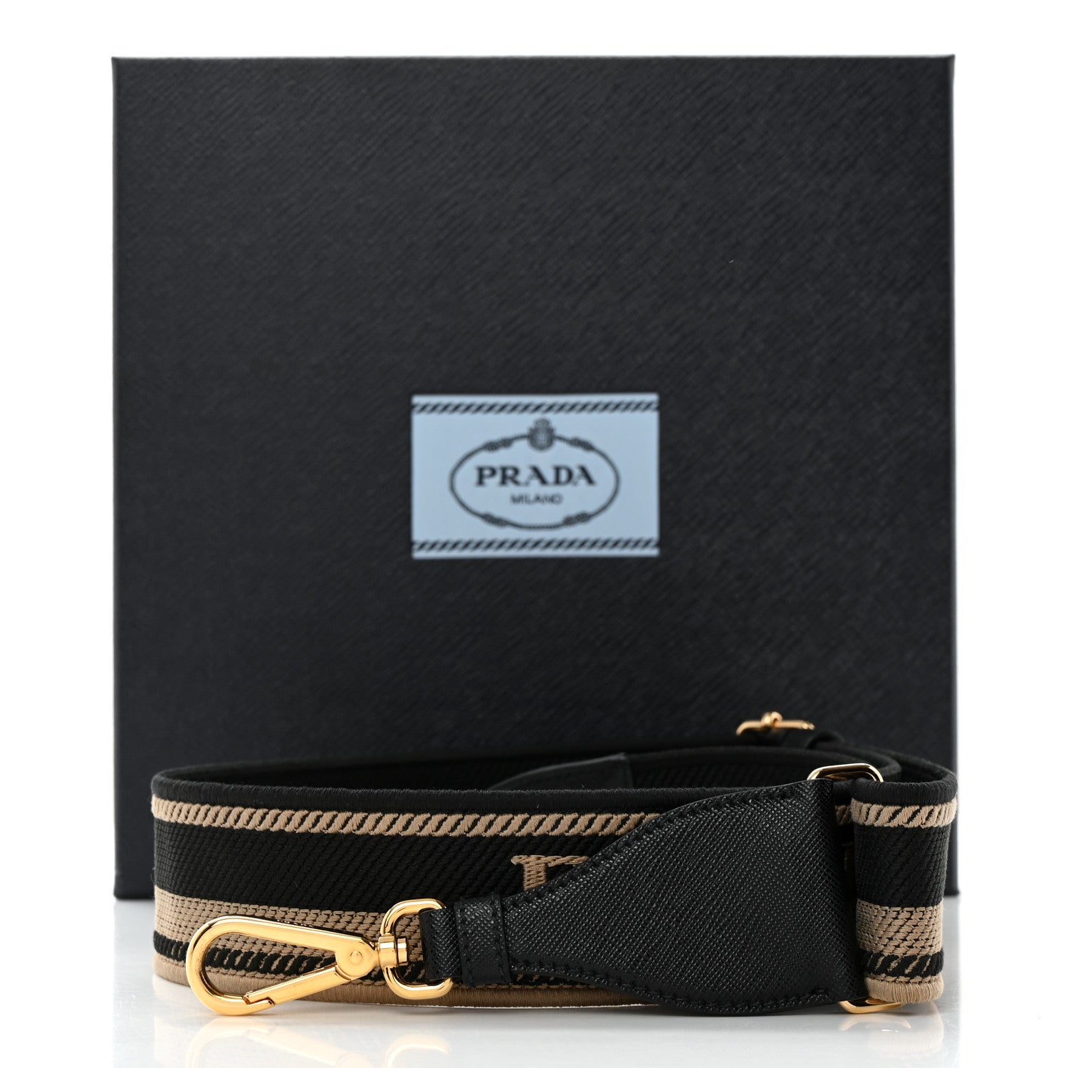 Prada Canvas Calfskin Logo Shoulder Strap Black Beige 6 of 6