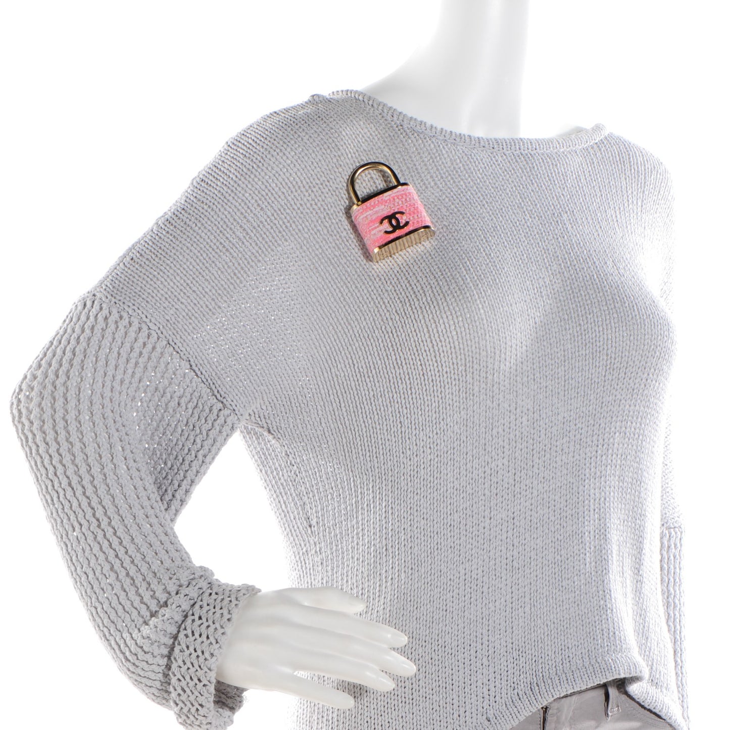 Tweed CC Oversized Padlock Pin Brooch Pink Gold