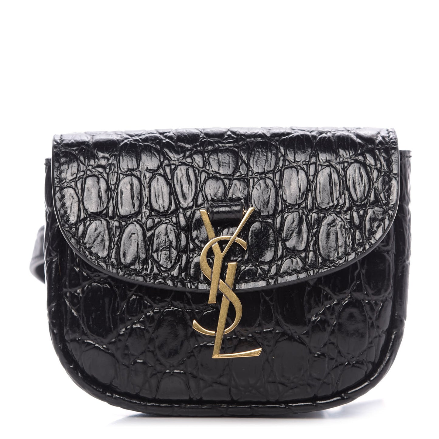 Shiny Calfskin Crocodile Embossed Monogram Kaia Belt Bag Black