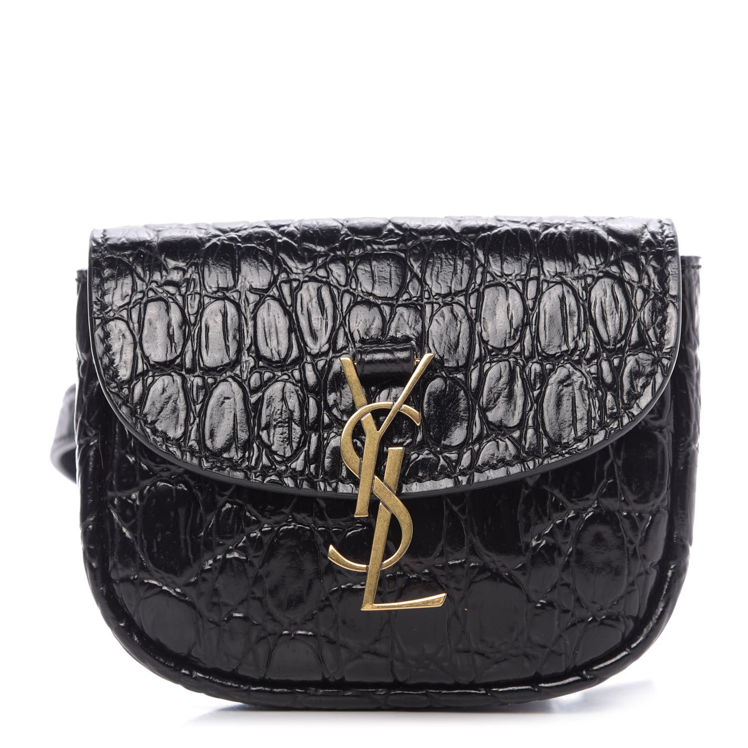 Saint Laurent Shiny Calfskin Crocodile Embossed Monogram Kaia Belt Bag Black 1 of 9