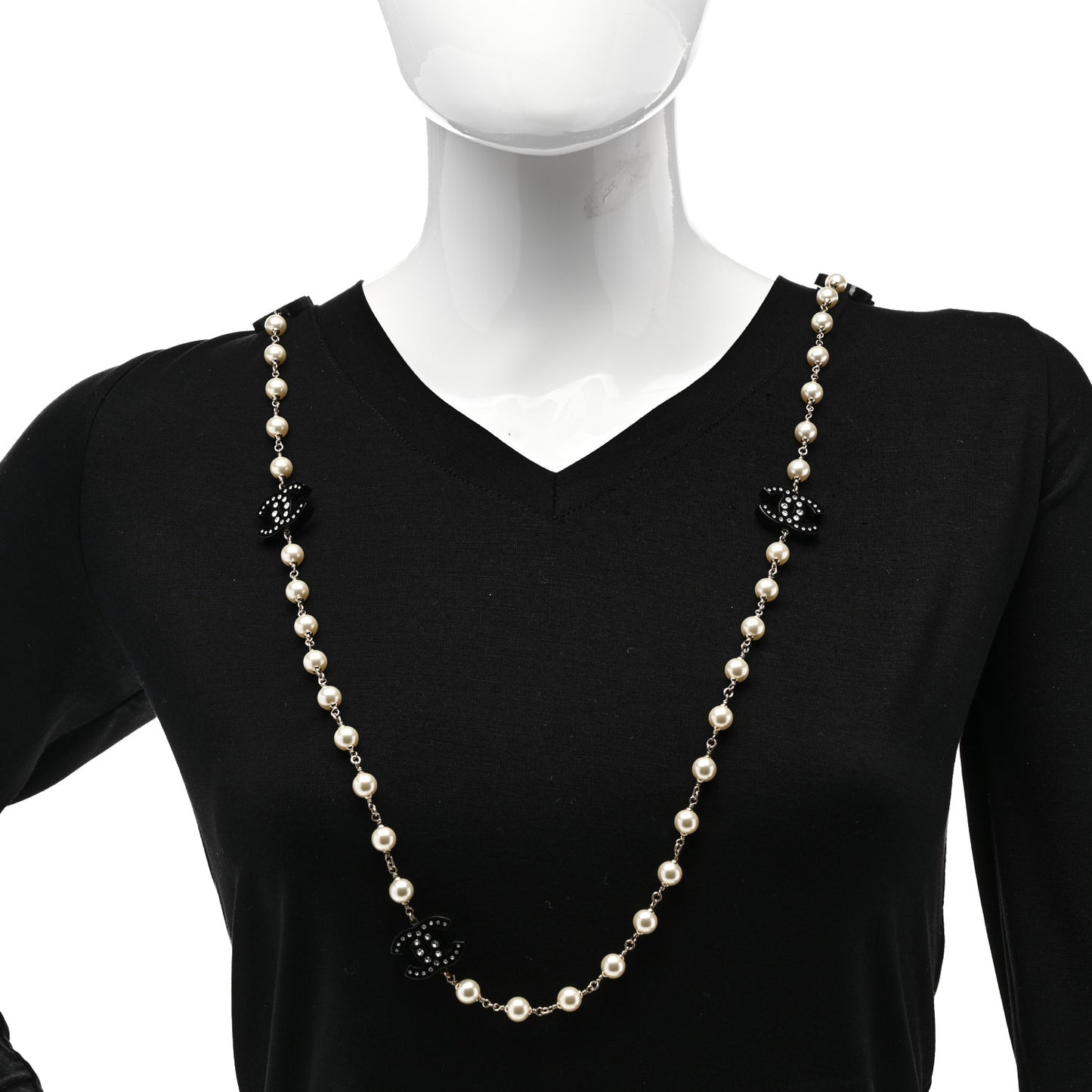 Pearl Beaded Resin Crystal CC Long Necklace Black Gold