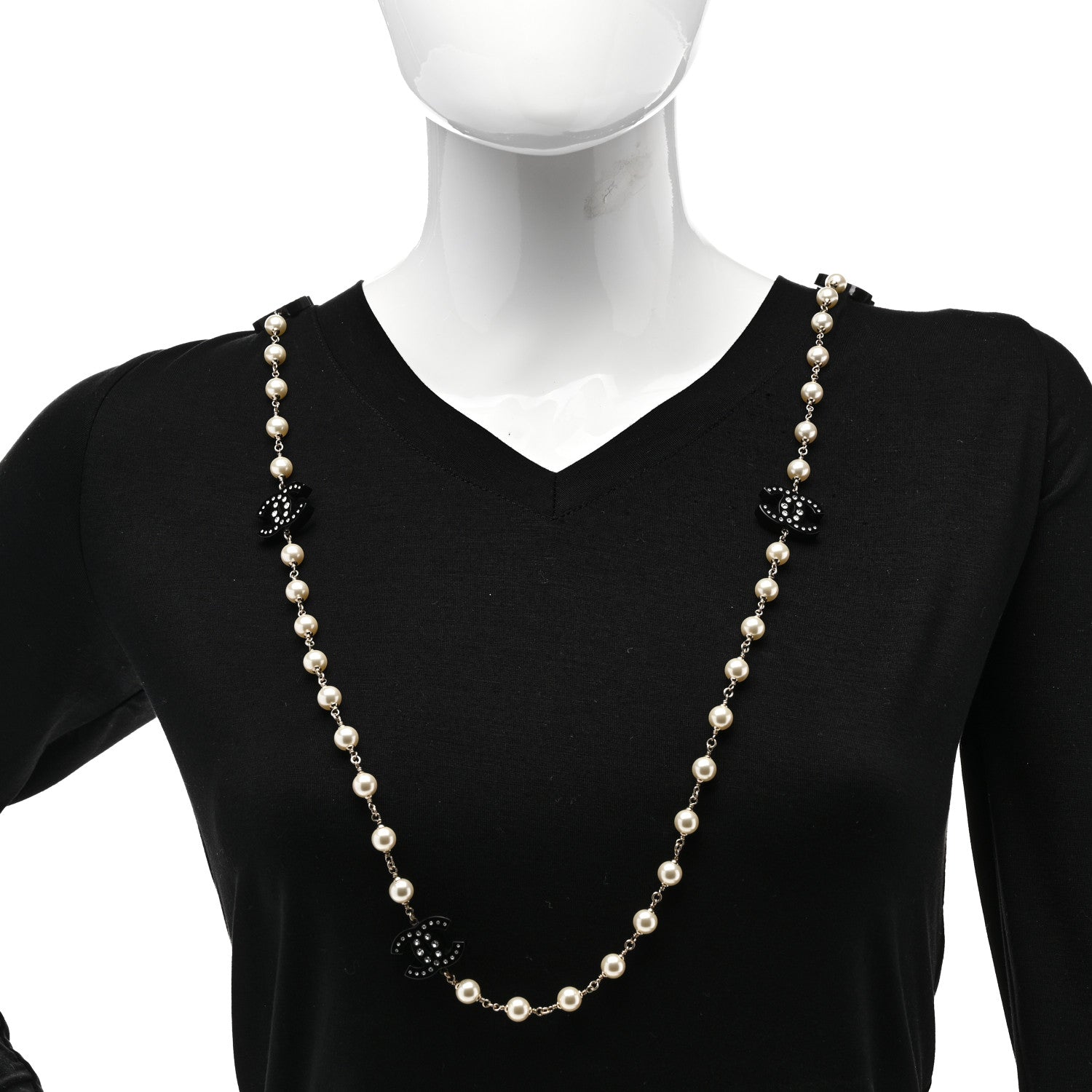 Chanel Pearl Beaded Resin Crystal CC Long Necklace Black Gold 2 of 5