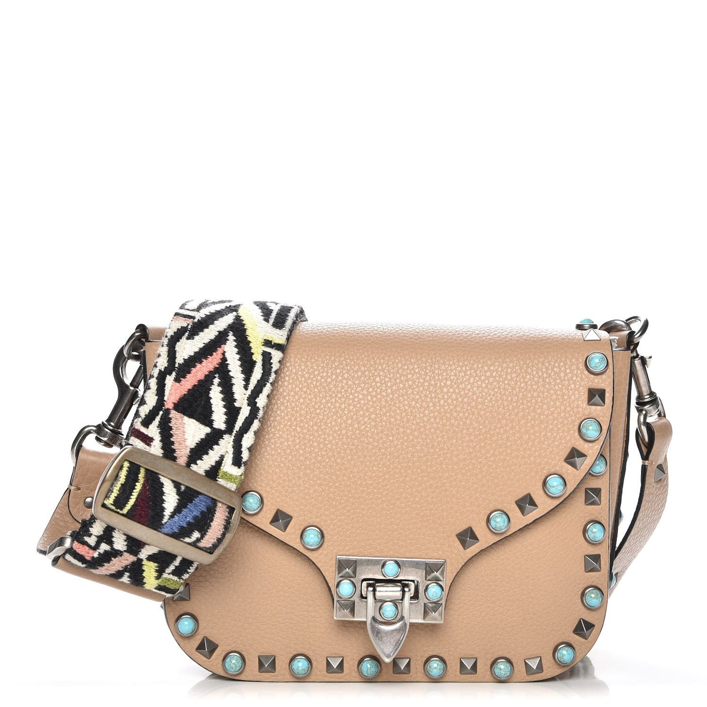 Grained Calfskin Turquoise Guitar Strap Rockstud Rolling Shoulder Flap Messenger Bag Soft Noisette