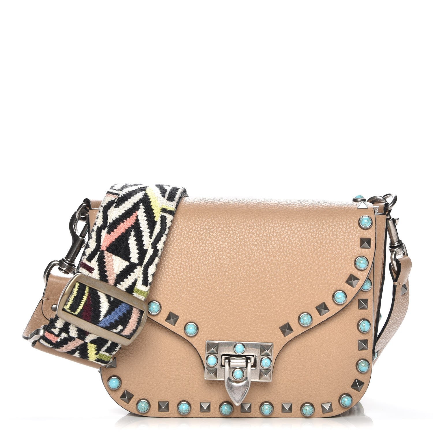 Valentino Garavani Grained Calfskin Turquoise Guitar Strap Rockstud Rolling Shoulder Flap Messenger Bag Soft Noisette 1 of 7