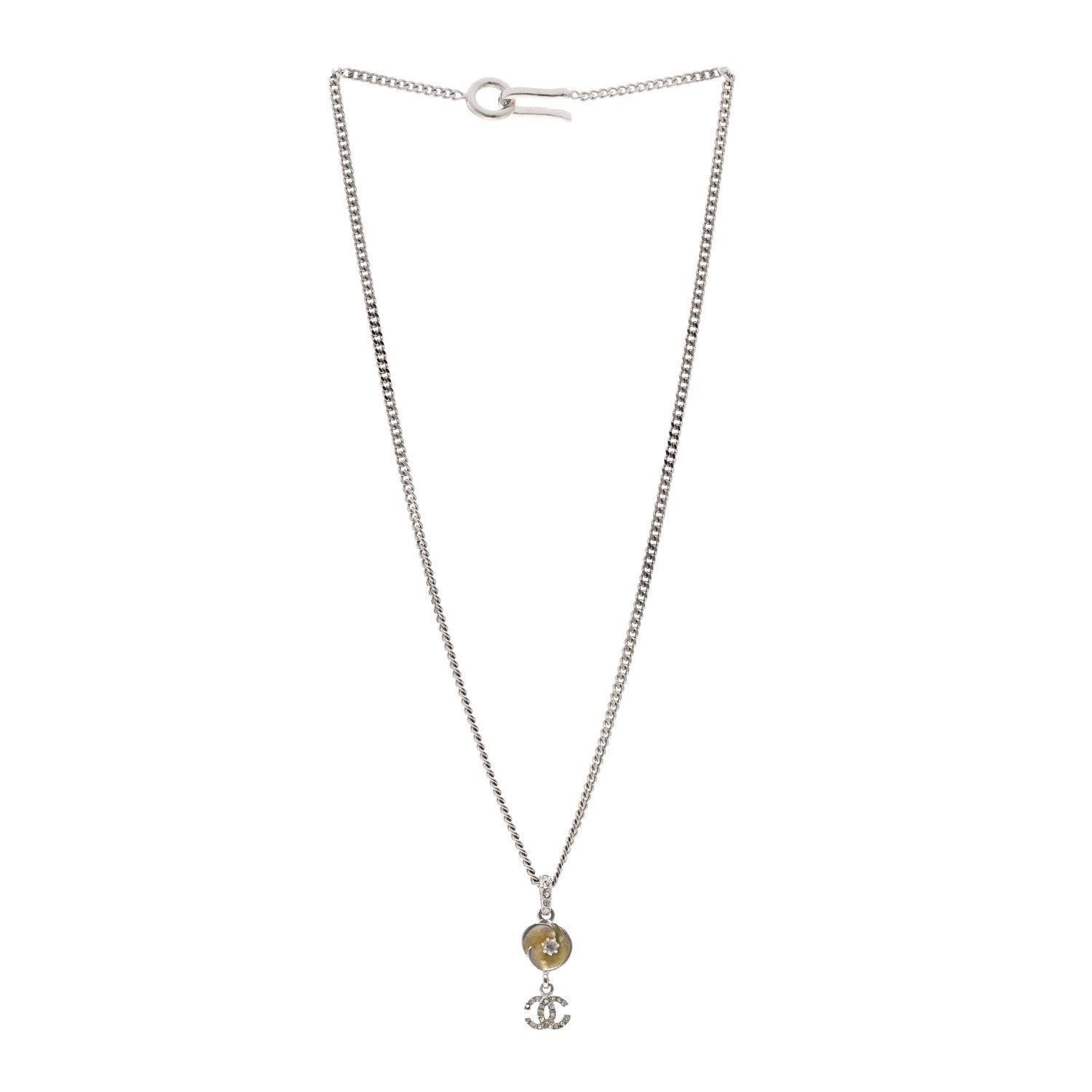 Chanel Metal Resin Crystal CC Camellia Necklace Silver 3 of 6