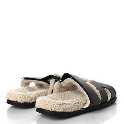 Hermes Calfskin Woolskin Mens Chypre Sandals 42 Black Ecru 3 of 9