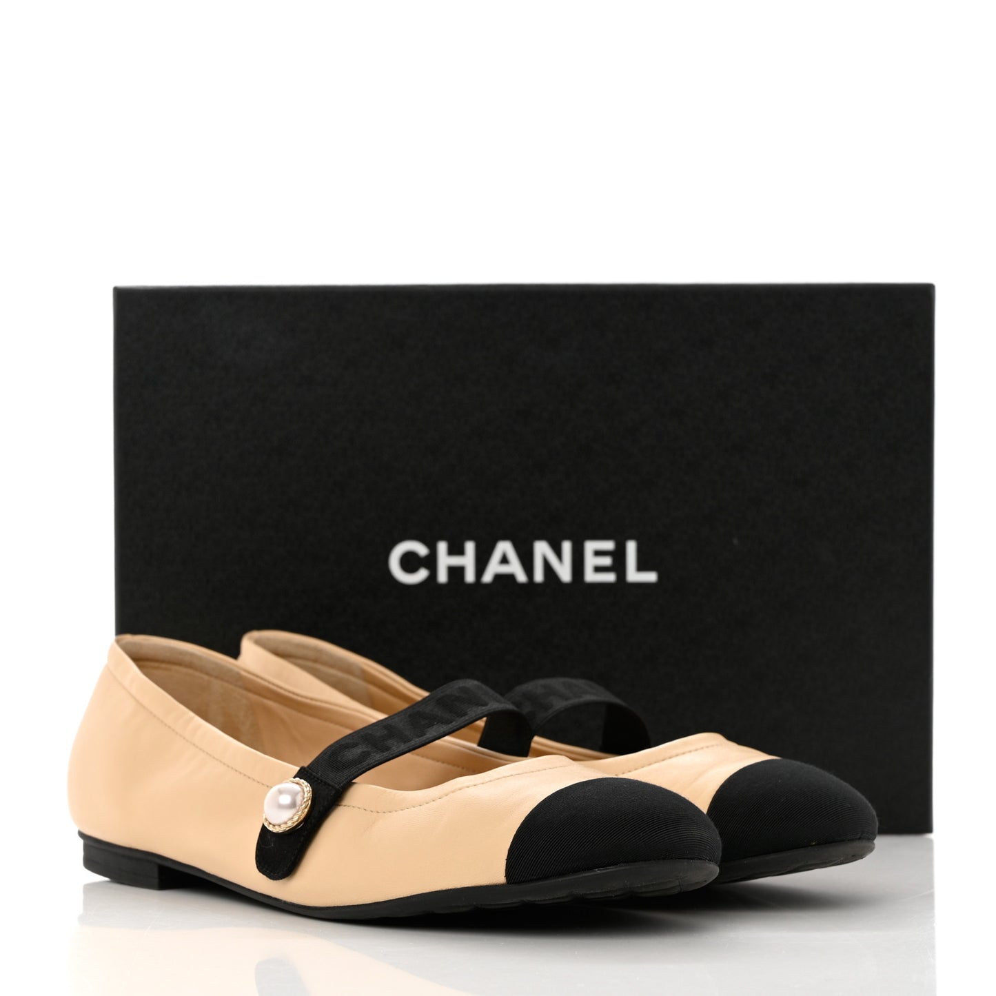 Lambskin Grosgrain Pearl Cap Toe Ballerina Flats 40 Beige Black