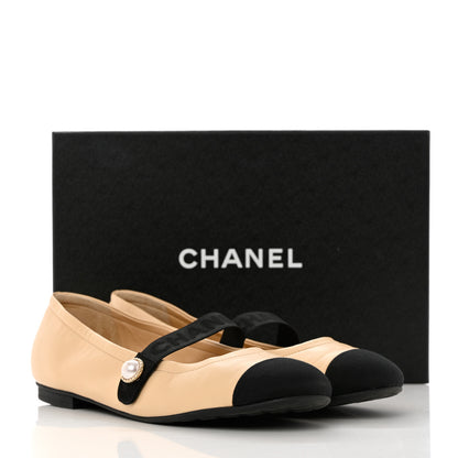 Chanel Lambskin Grosgrain Pearl Cap Toe Ballerina Flats 40 Beige Black 11 of 11