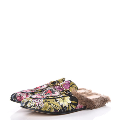 Gucci Jacquard Fur Floral Embroidered Womens Princetown Slippers 38.5 Black Multicolor 3 of 16