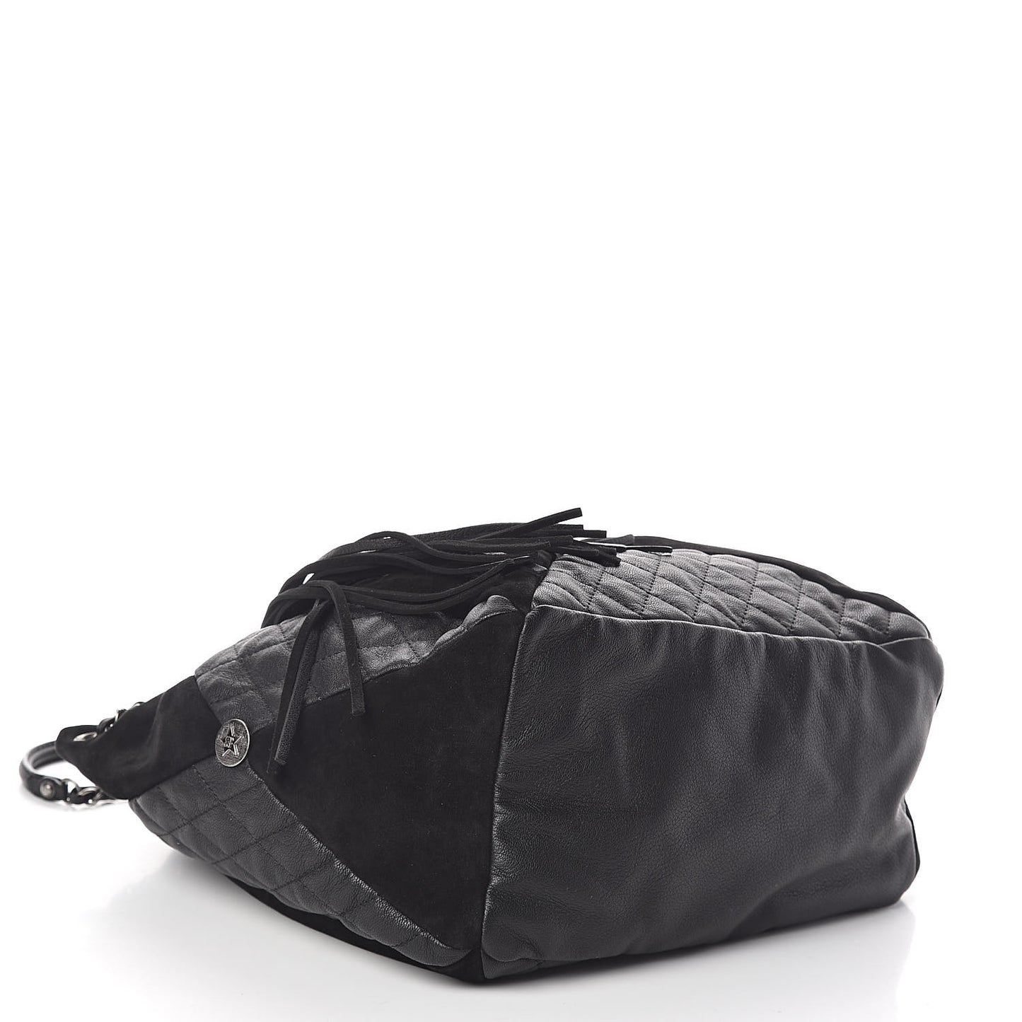 Goatskin Suede Calfskin Quilted Patchwork Drawstring Bag Black