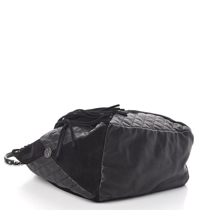 Chanel Goatskin Suede Calfskin Quilted Patchwork Drawstring Bag Black 4 of 10