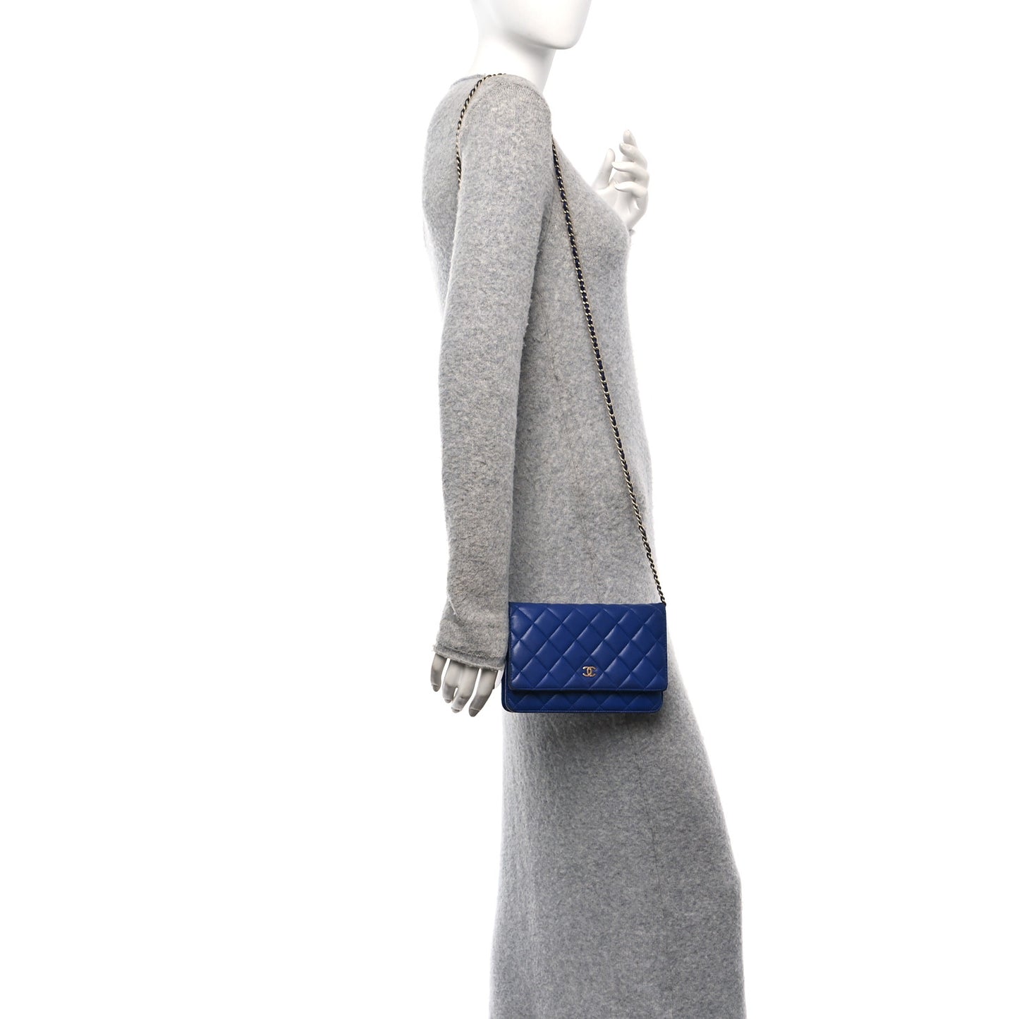 Lambskin Quilted Wallet On Chain WOC  Navy Blue