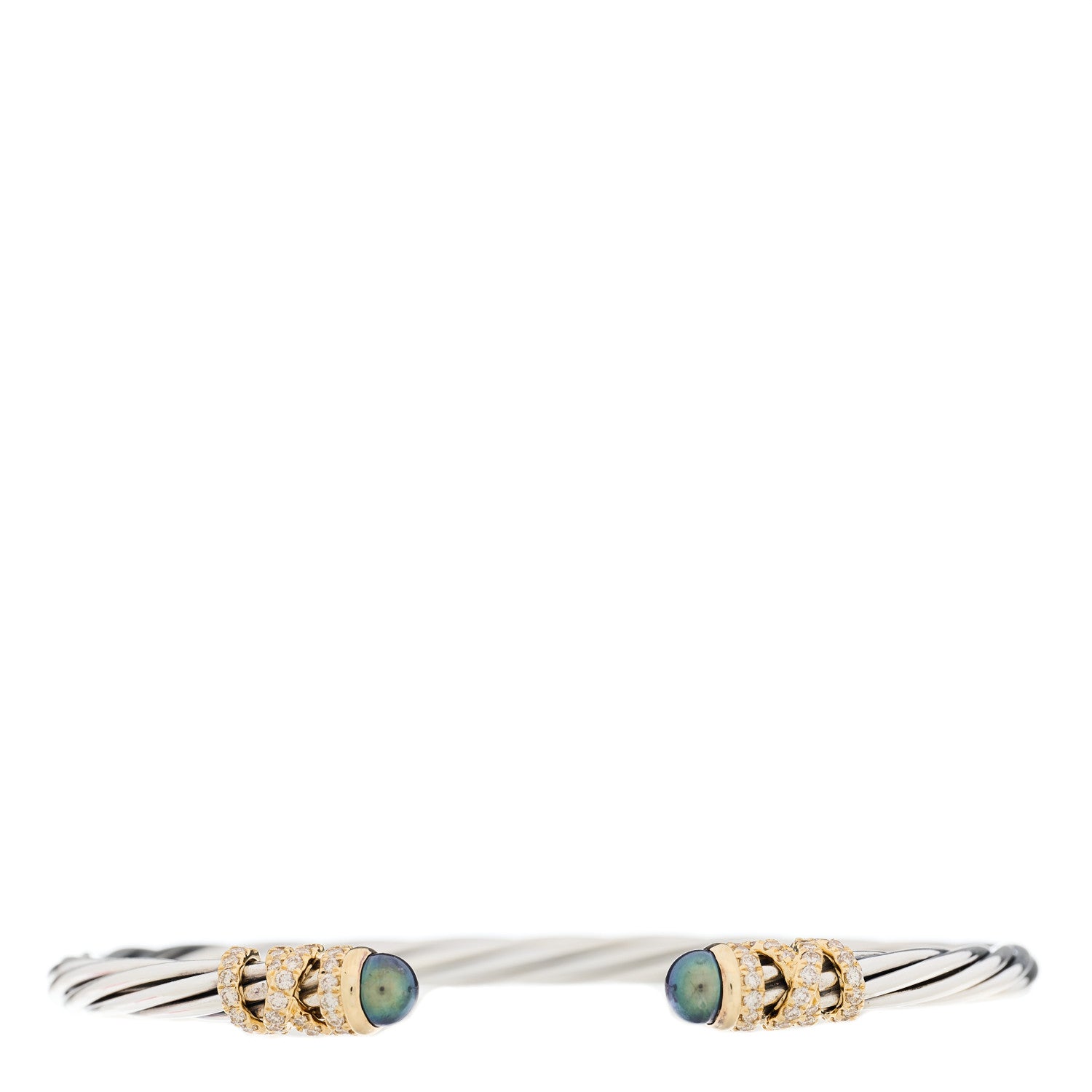 David Yurman Sterling Silver 18K Yellow Gold Diamond Grey Pearl 4mm Helena Cuff Bracelet 1 of 4