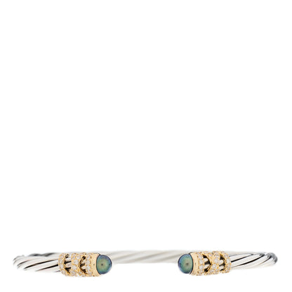 David Yurman Sterling Silver 18K Yellow Gold Diamond Grey Pearl 4mm Helena Cuff Bracelet 1 of 4