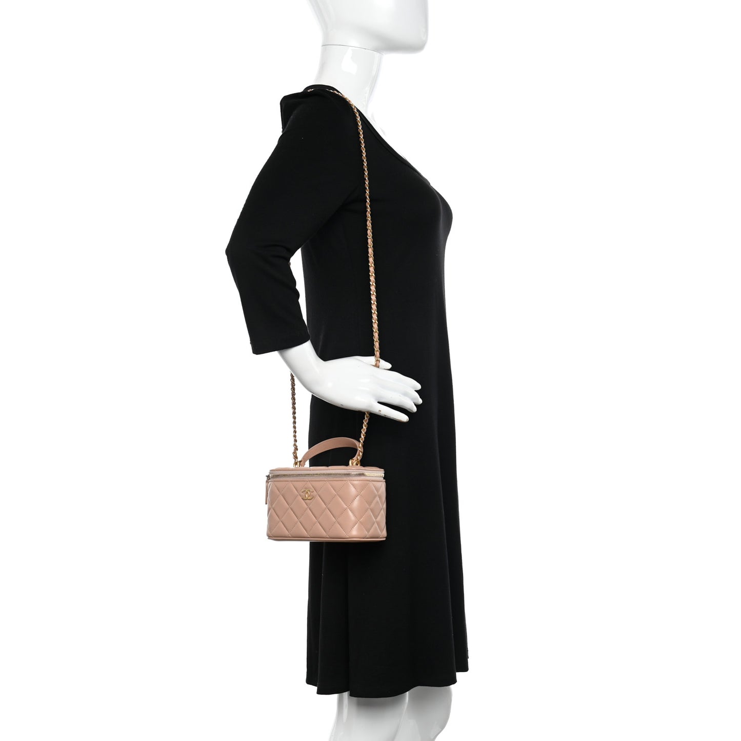 Lambskin Quilted Small Top Handle Vanity Case With Chain Beige