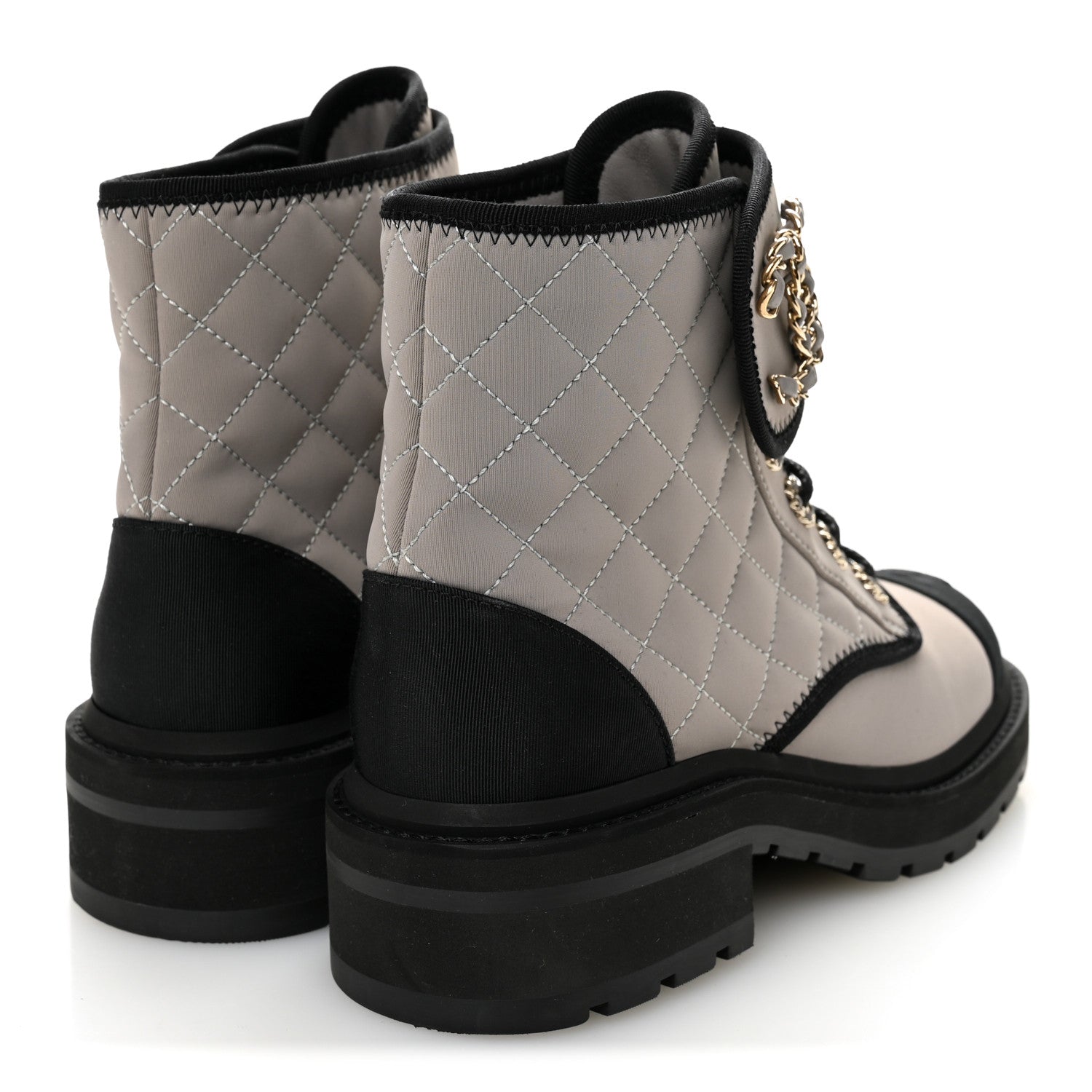Chanel Fabric Grosgrain Quilted Cap Toe Lace Up Combat Boots 36 Gray 4 of 10