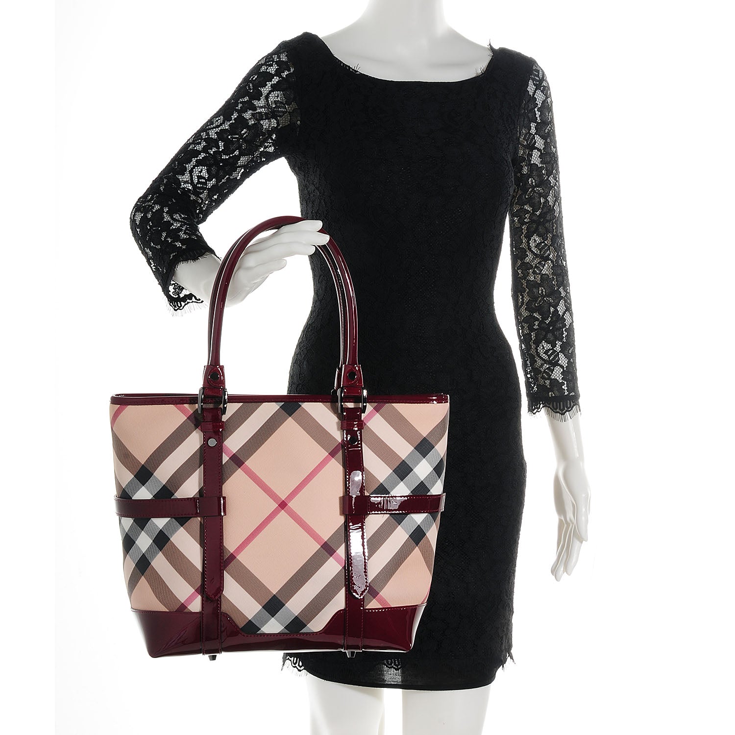 Burberry Patent Supernova Check Medium Tote Burgundy 2 of 7