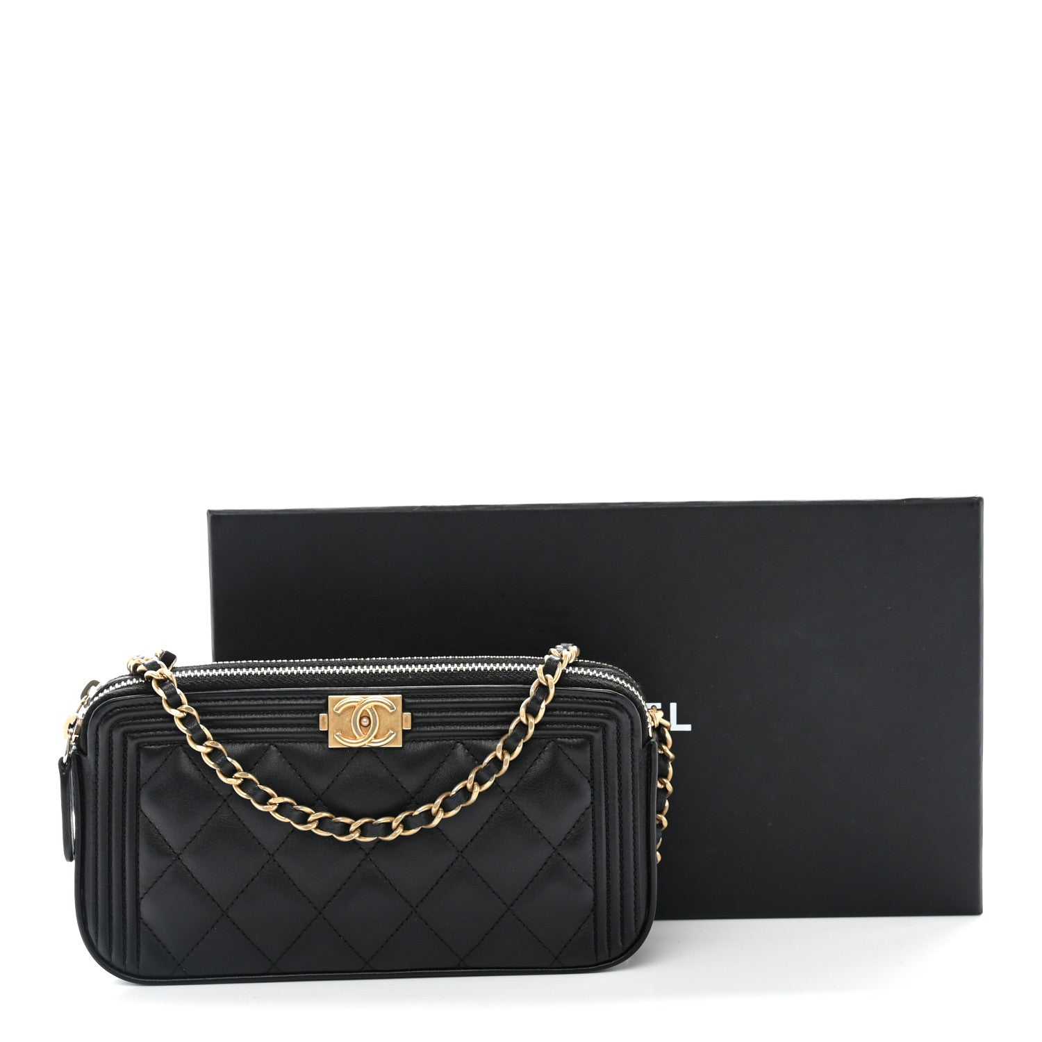 Chanel Lambskin Quilted Small Boy Clutch With Chain Black 14 of 14