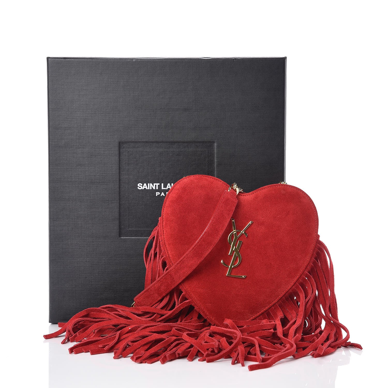 YSL ハート型パーティーバッグ 赤(超美品) Saint Laurent Suede Fringe Small Monogram Love Shoulder Bag Red