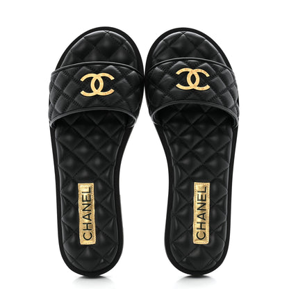 Chanel Lambskin Quilted Textured CC Mules Sandals 39 Black 2 of 12