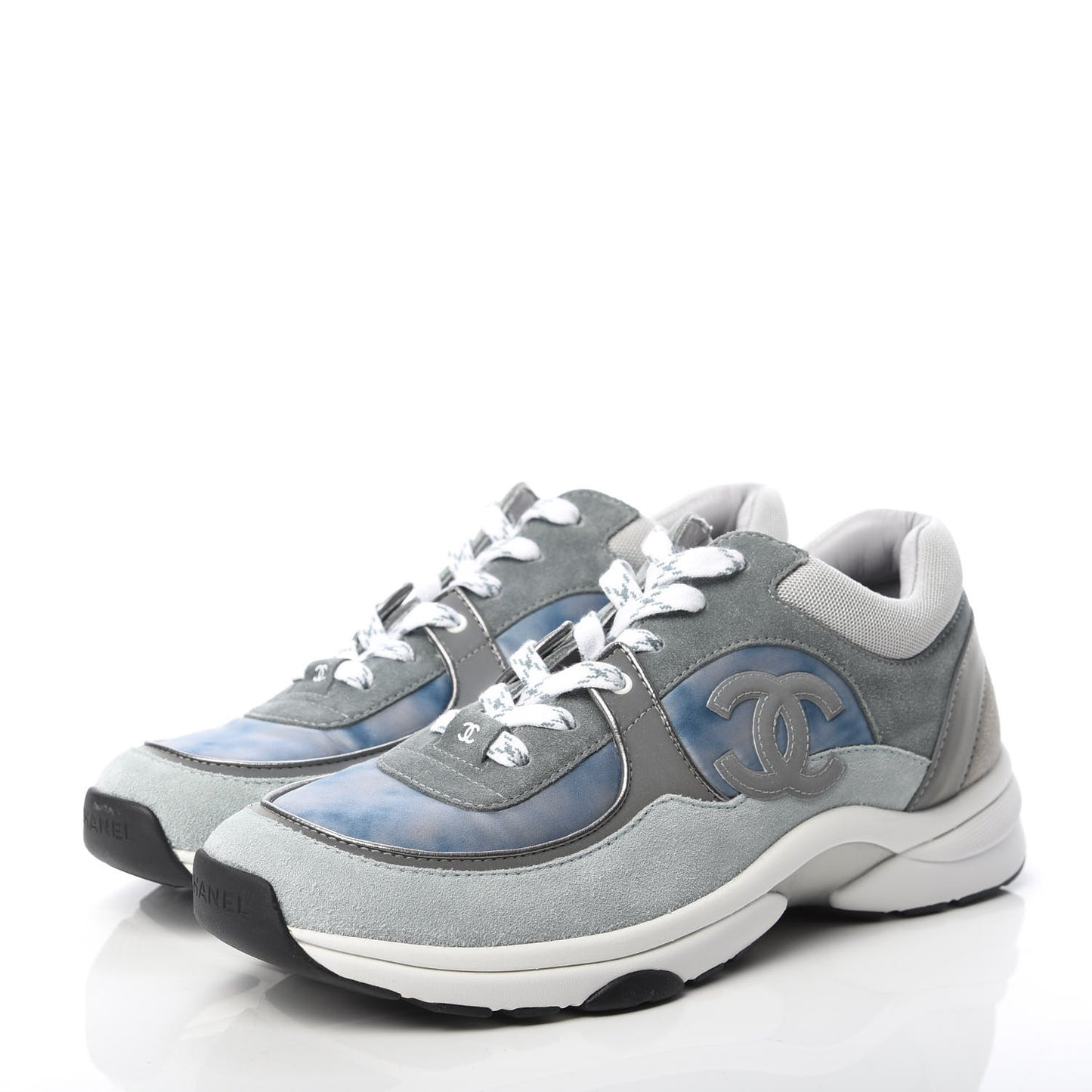 Nylon Lambskin Suede Calfskin CC Sneakers 40.5 Blue Grey White