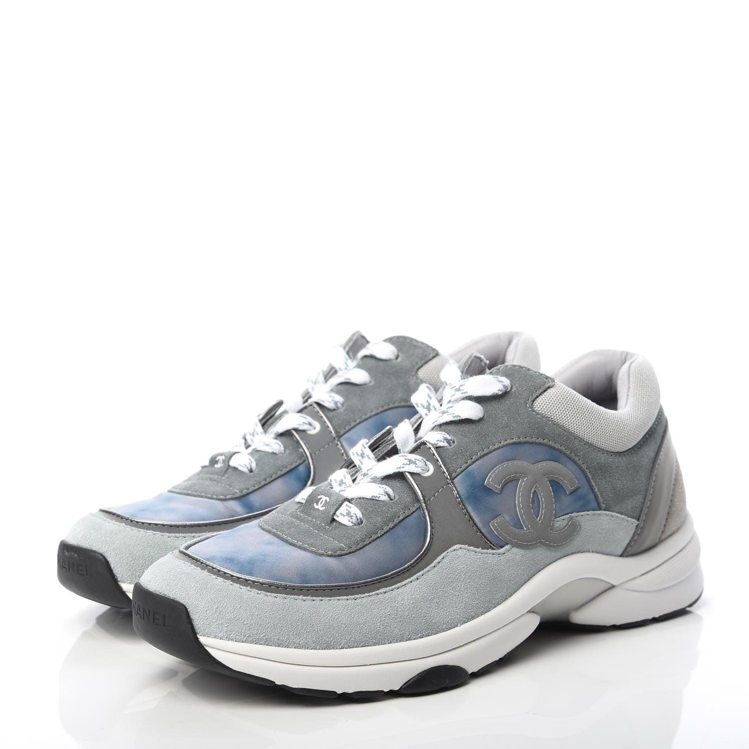Chanel Nylon Lambskin Suede Calfskin CC Sneakers 40.5 Blue Grey White 3 of 8