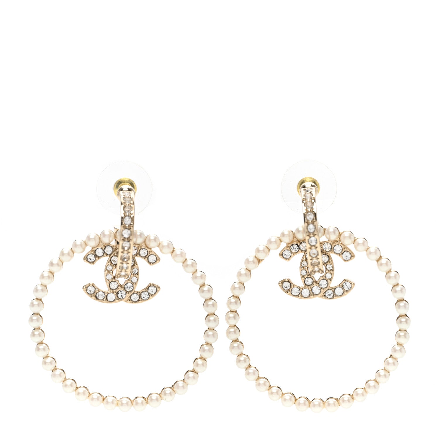 Chanel Crystal Pearl CC Door Knocker Hoop Earrings Gold Pearly White 1 of 4