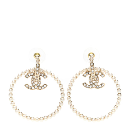 Chanel Crystal Pearl CC Door Knocker Hoop Earrings Gold Pearly White 1 of 4