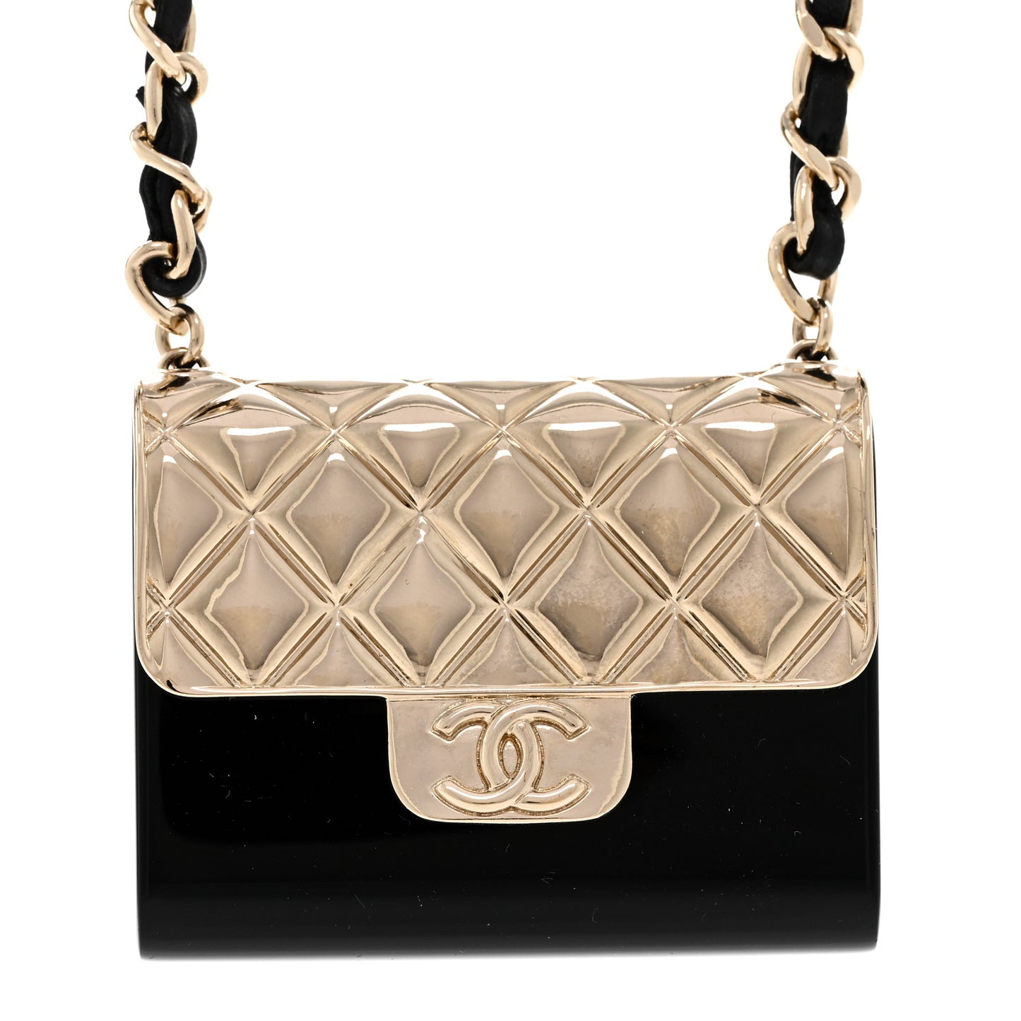 Metal Resin Lambskin Flap Bag Long Necklace Gold Black