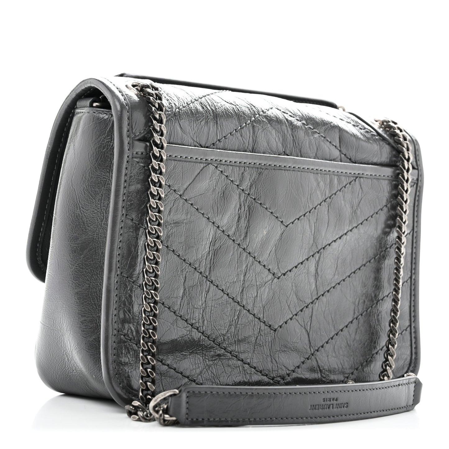 Crinkled Calfskin Matelasse Monogram Baby Niki Chain Satchel Storm