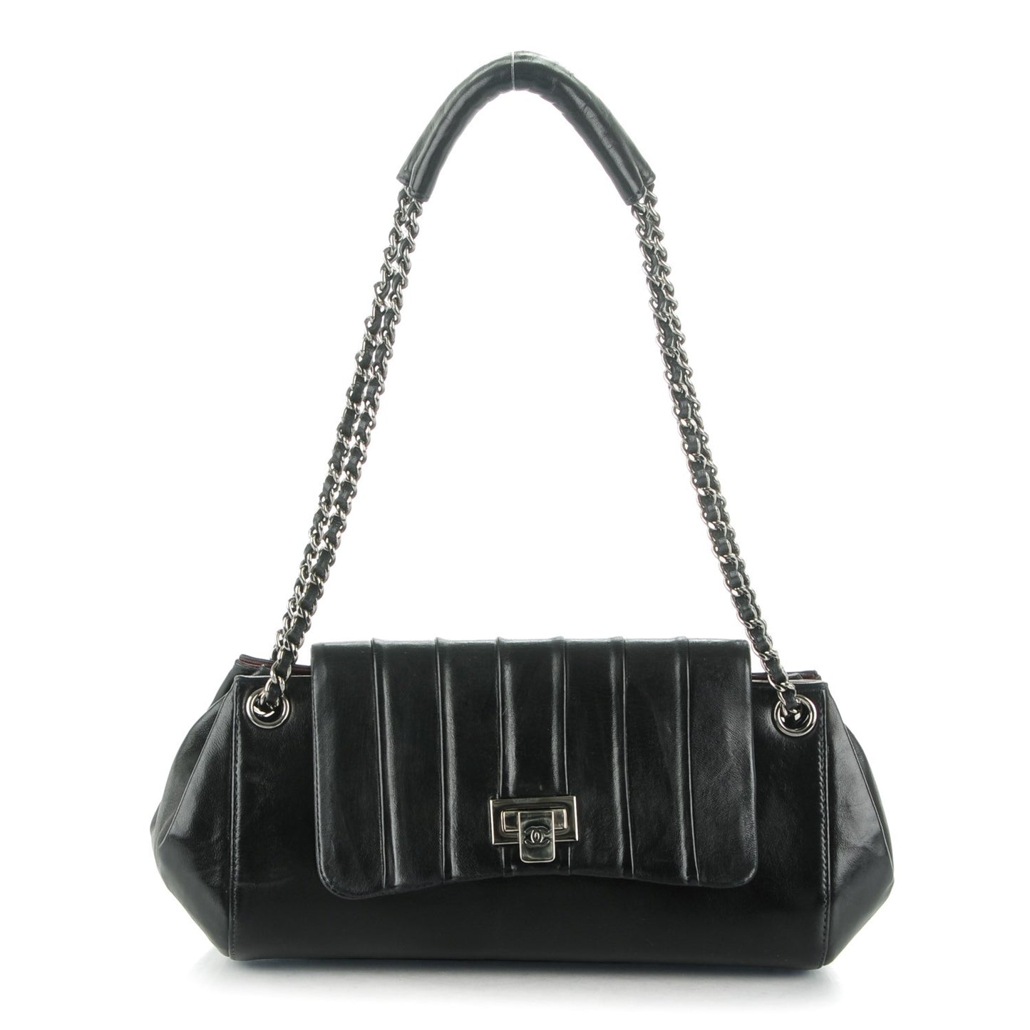 Vertical Quilt Lambskin Accordion Flap Black