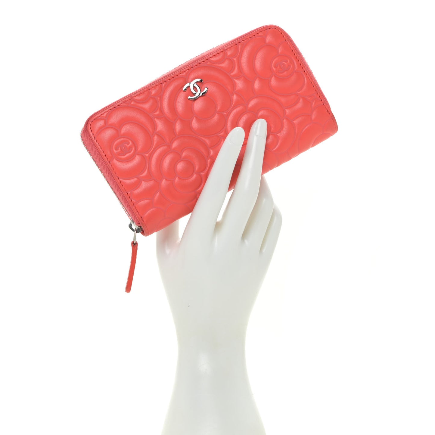 Lambskin Camellia Embossed Small Zip Around Wallet Coral