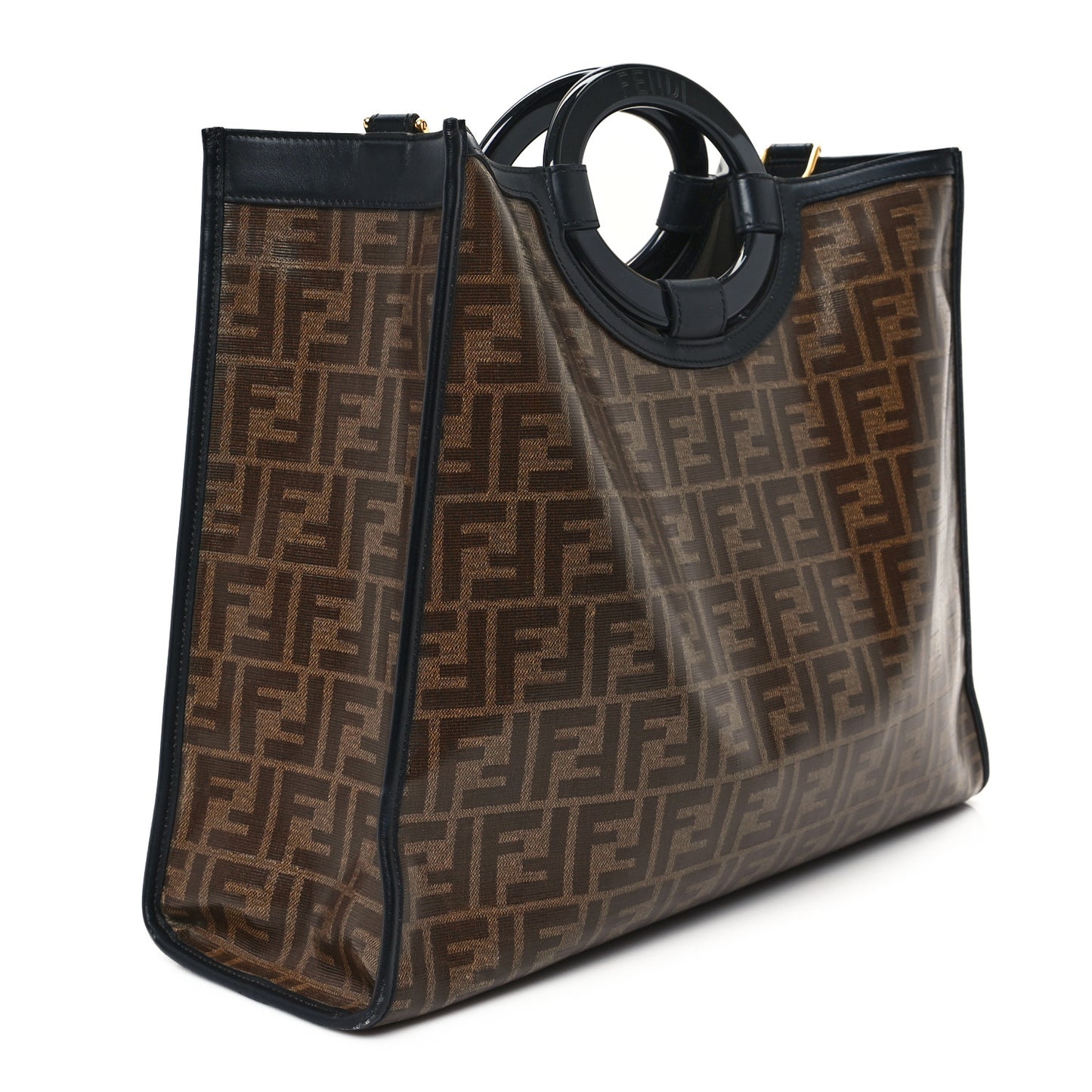 Glazed Fabric Vitello Century Plexiglass FF 1974 Stamp Patch Medium Runaway Shopper Tote Mogano Panna Black