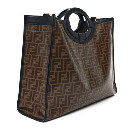 Fendi Glazed Fabric Vitello Century Plexiglass FF 1974 Stamp Patch Medium Runaway Shopper Tote Mogano Panna Black 3 of 14