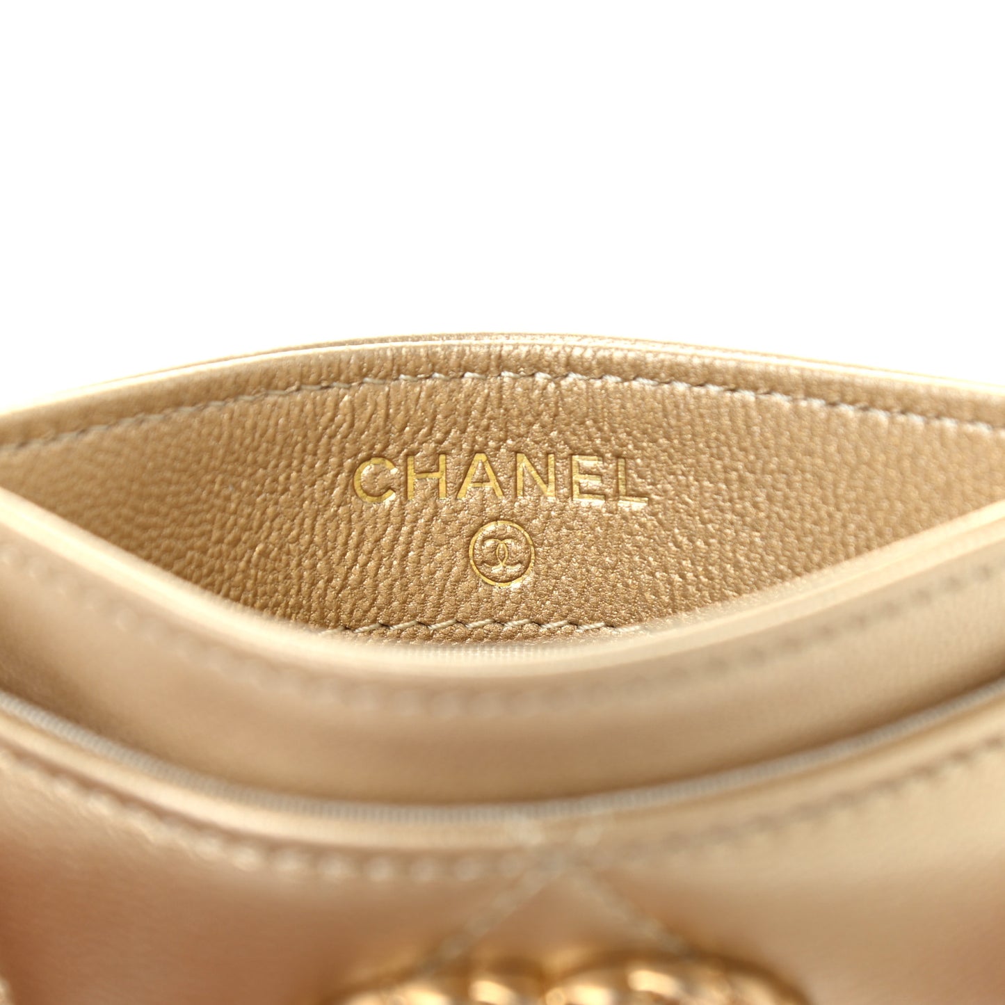 Metallic Lambskin Quilted Chanel 19 Card Holder Gold