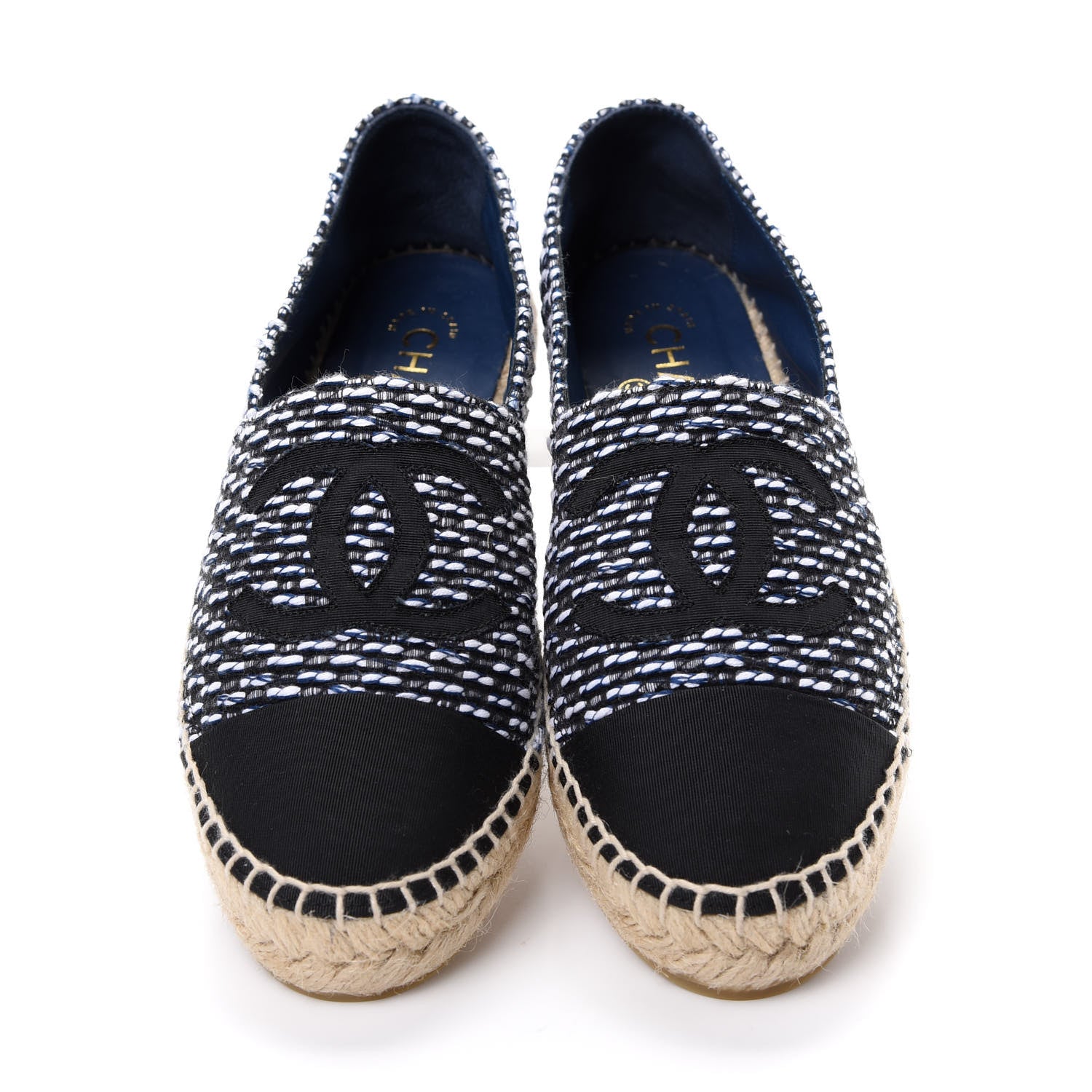Chanel Tweed Grosgrain CC Espadrilles 38 Black Navy White 5 of 11