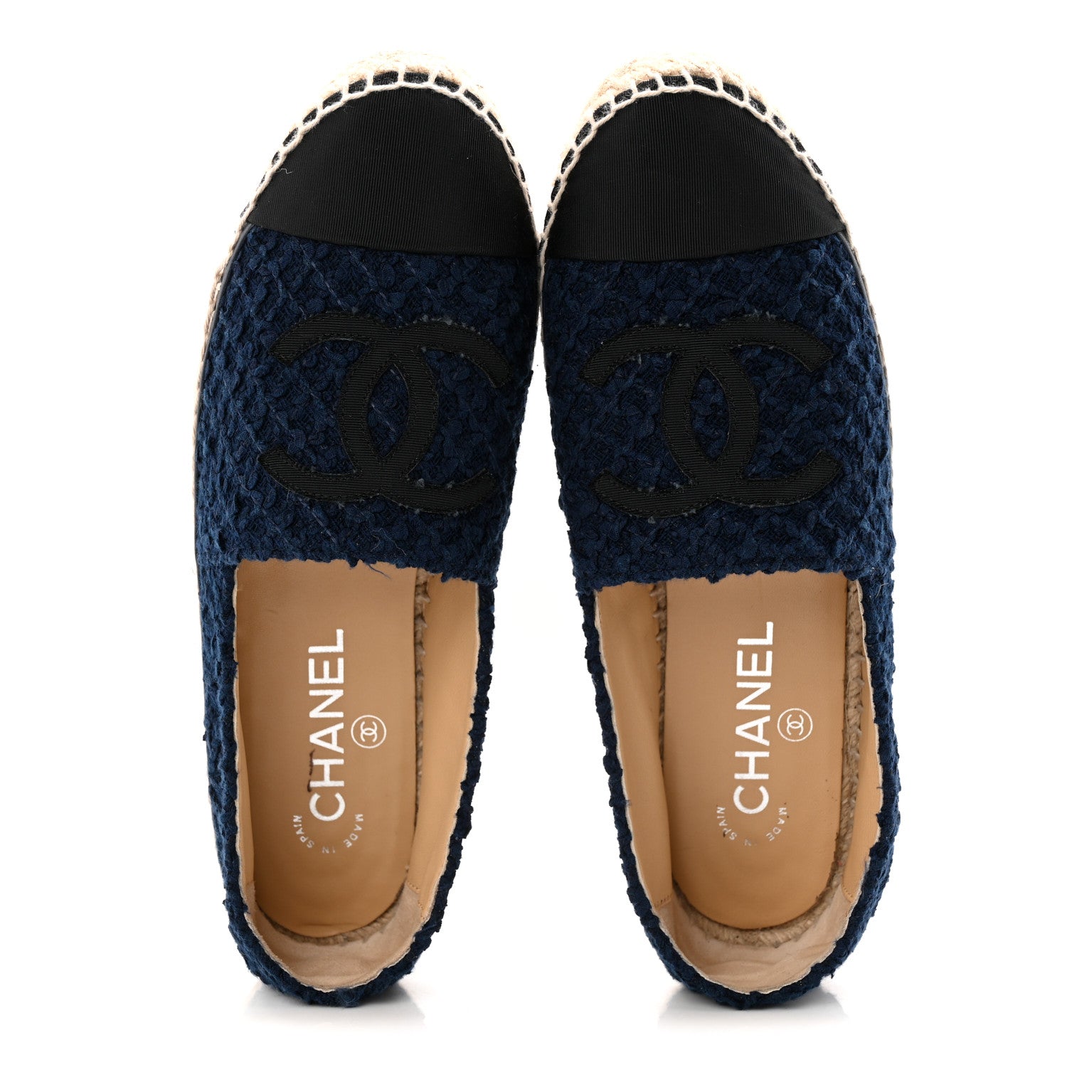 Chanel Tweed Grosgrain CC Espadrilles 37 Navy Black 1875955