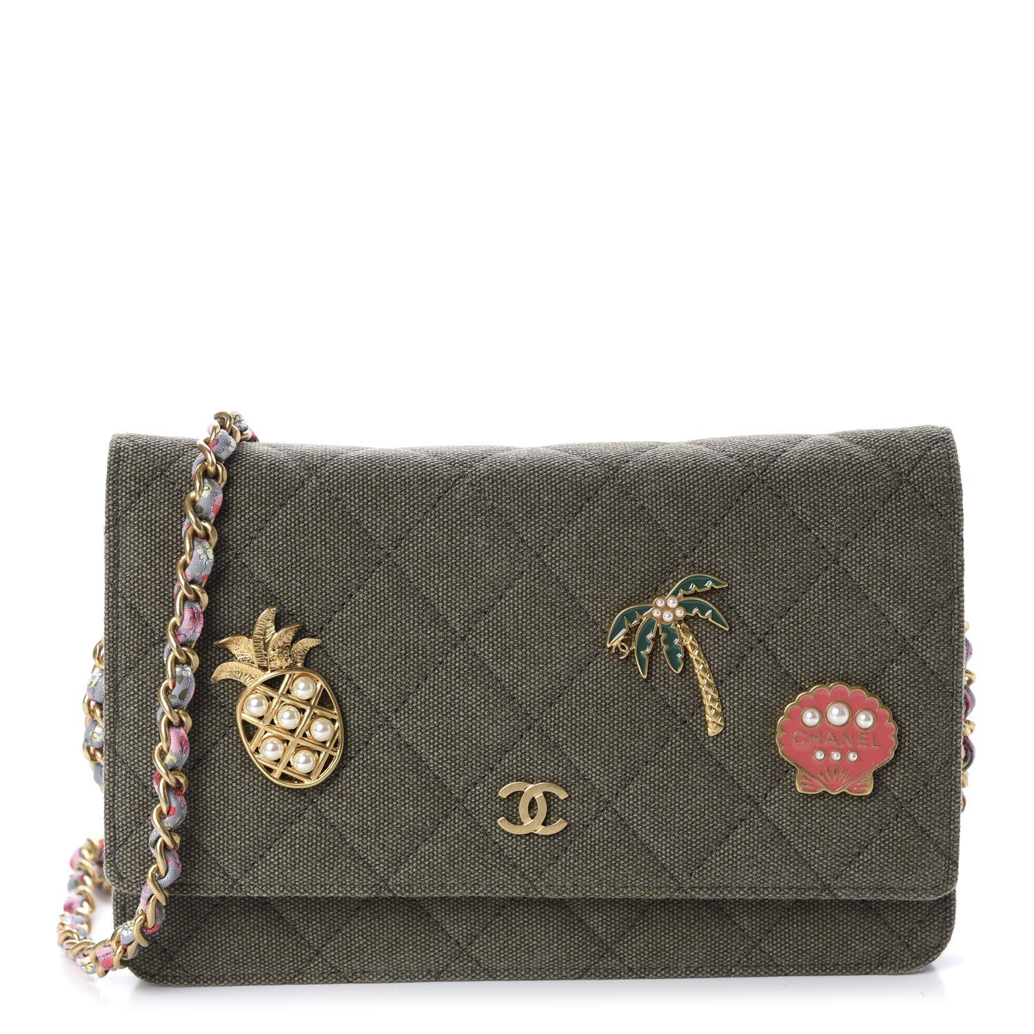 Chanel Canvas Quilted Coco Cuba Charms Wallet On Chain WOC Khaki 1 of 10