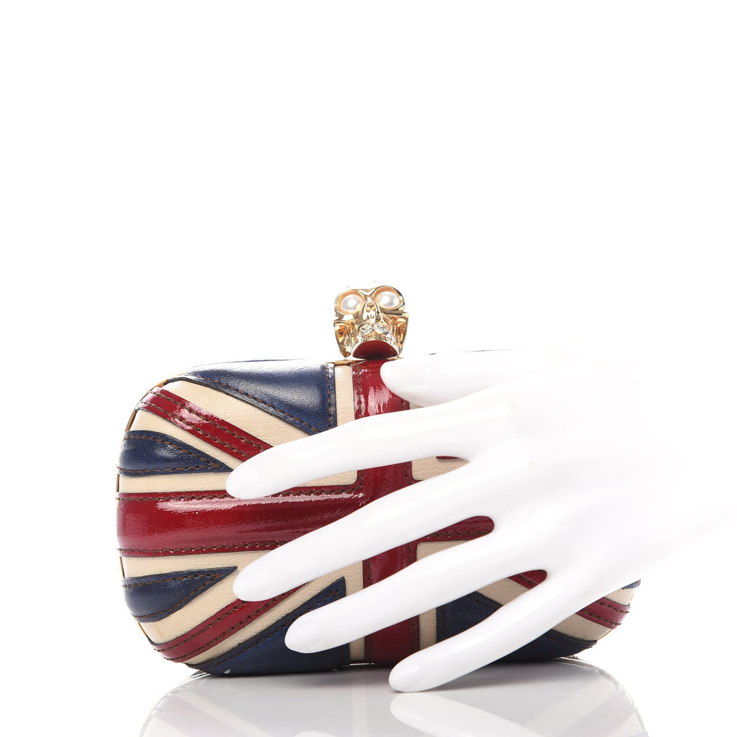 Patent Calfskin Britannia Skull Box Clutch Red Blue