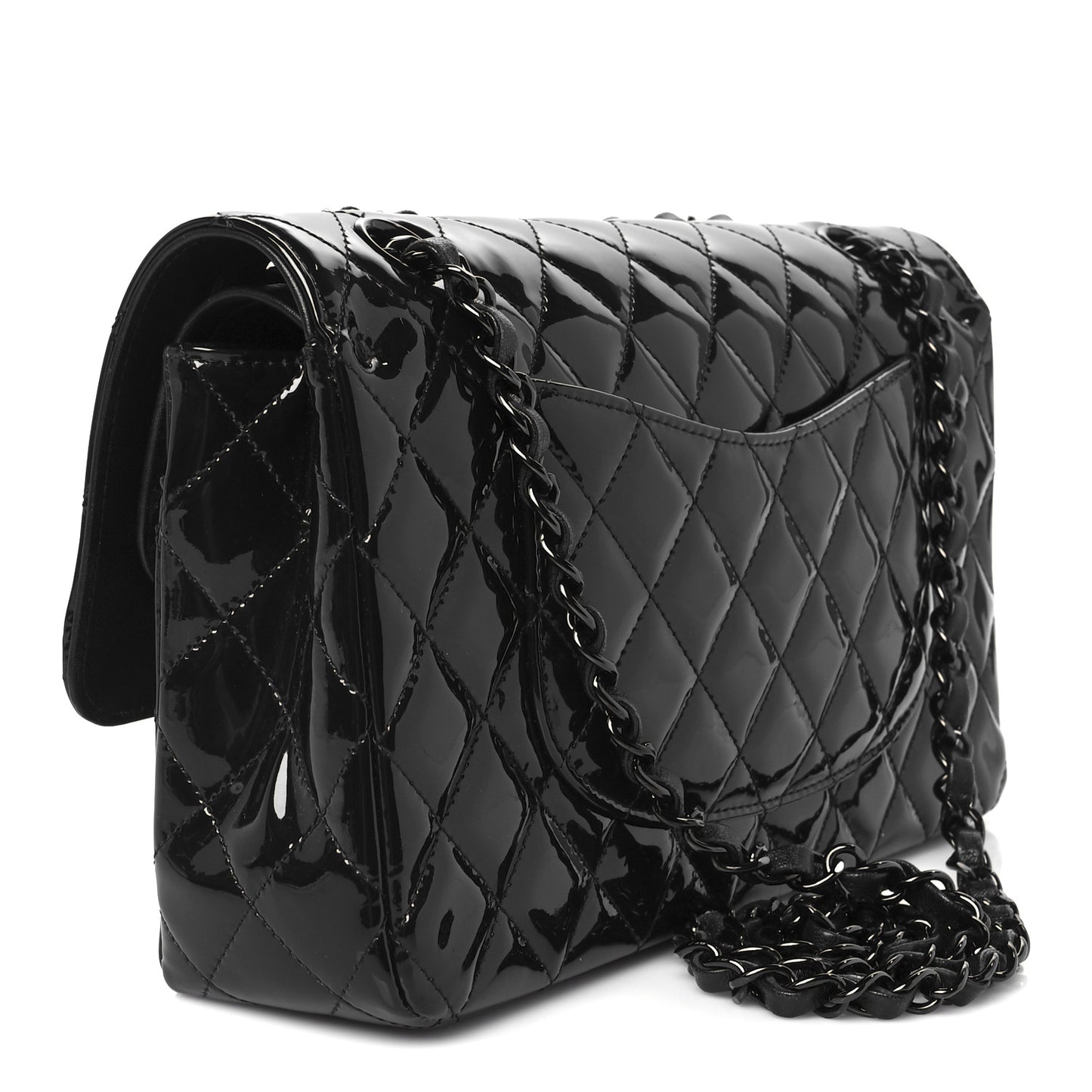 Patent Calfskin Quilted Medium Double Flap So Black So Black