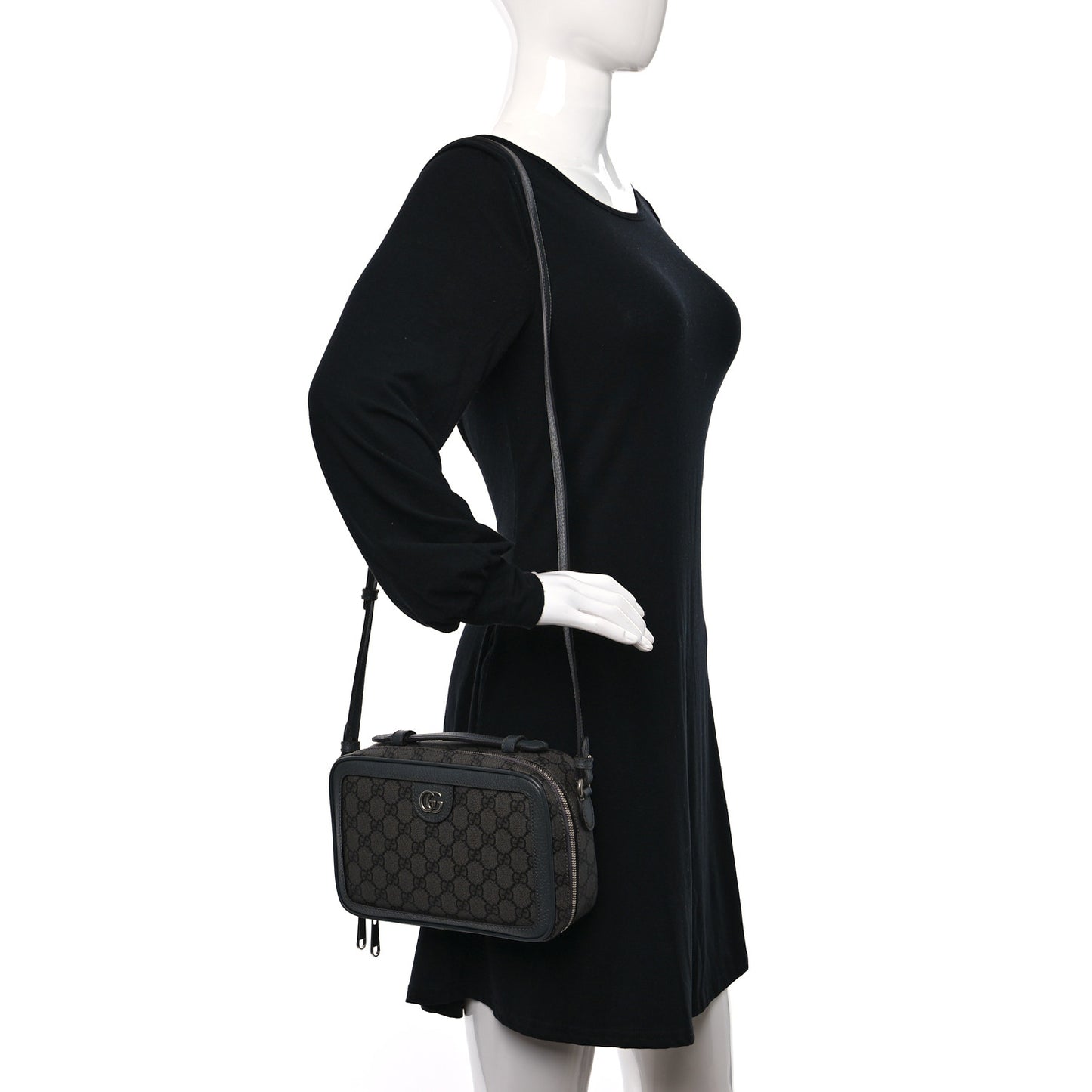 GG Supreme Monogram Textured Dollar Calfskin Small Ophidia Top Handle Shoulder Grey Black Graphite Grey
