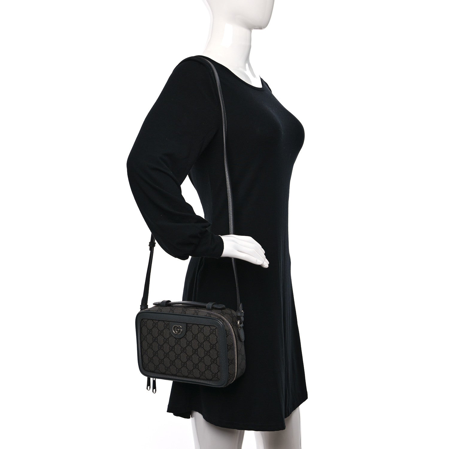 Gucci GG Supreme Monogram Textured Dollar Calfskin Small Ophidia Top Handle Shoulder Grey Black Graphite Grey 2 of 10