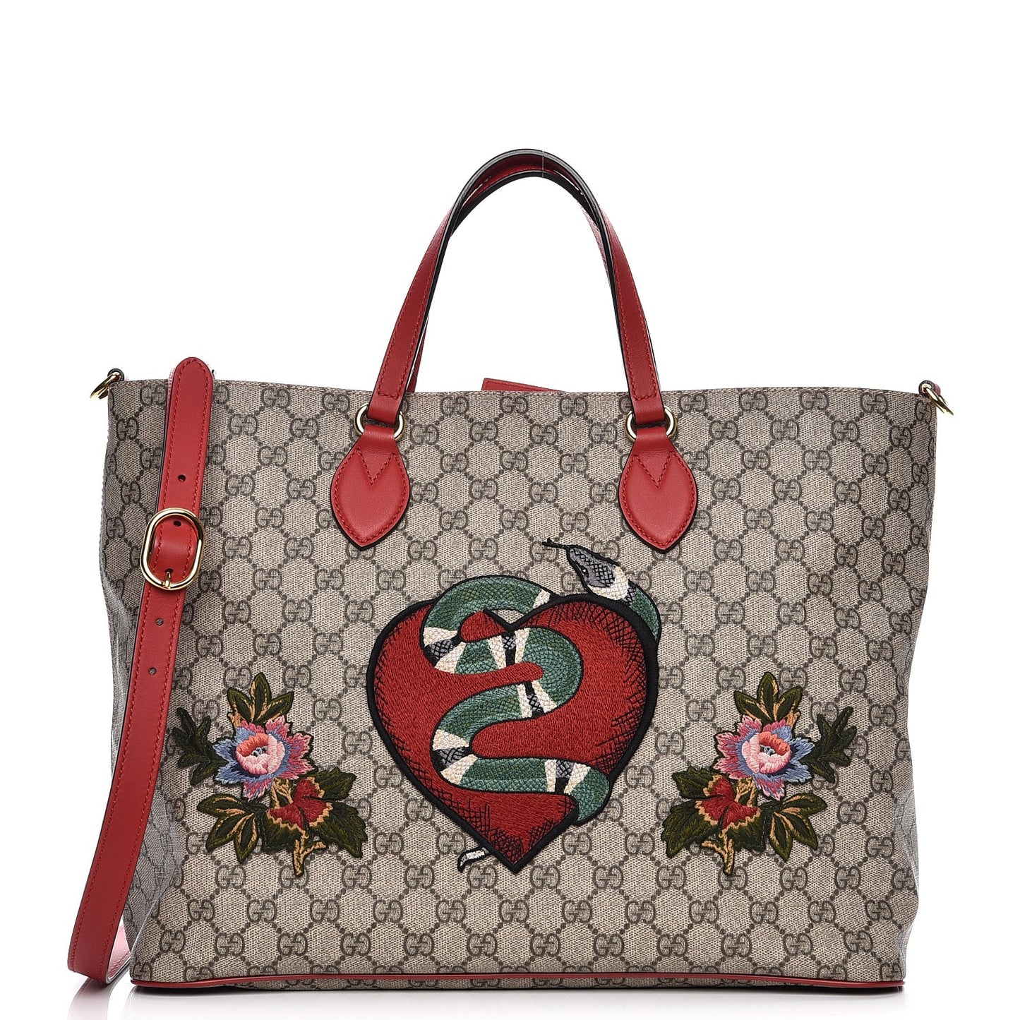 Soft GG Supreme Monogram Kingsnake Heart Embroidered Medium Crossbody Tote Beige Hibiscus Red