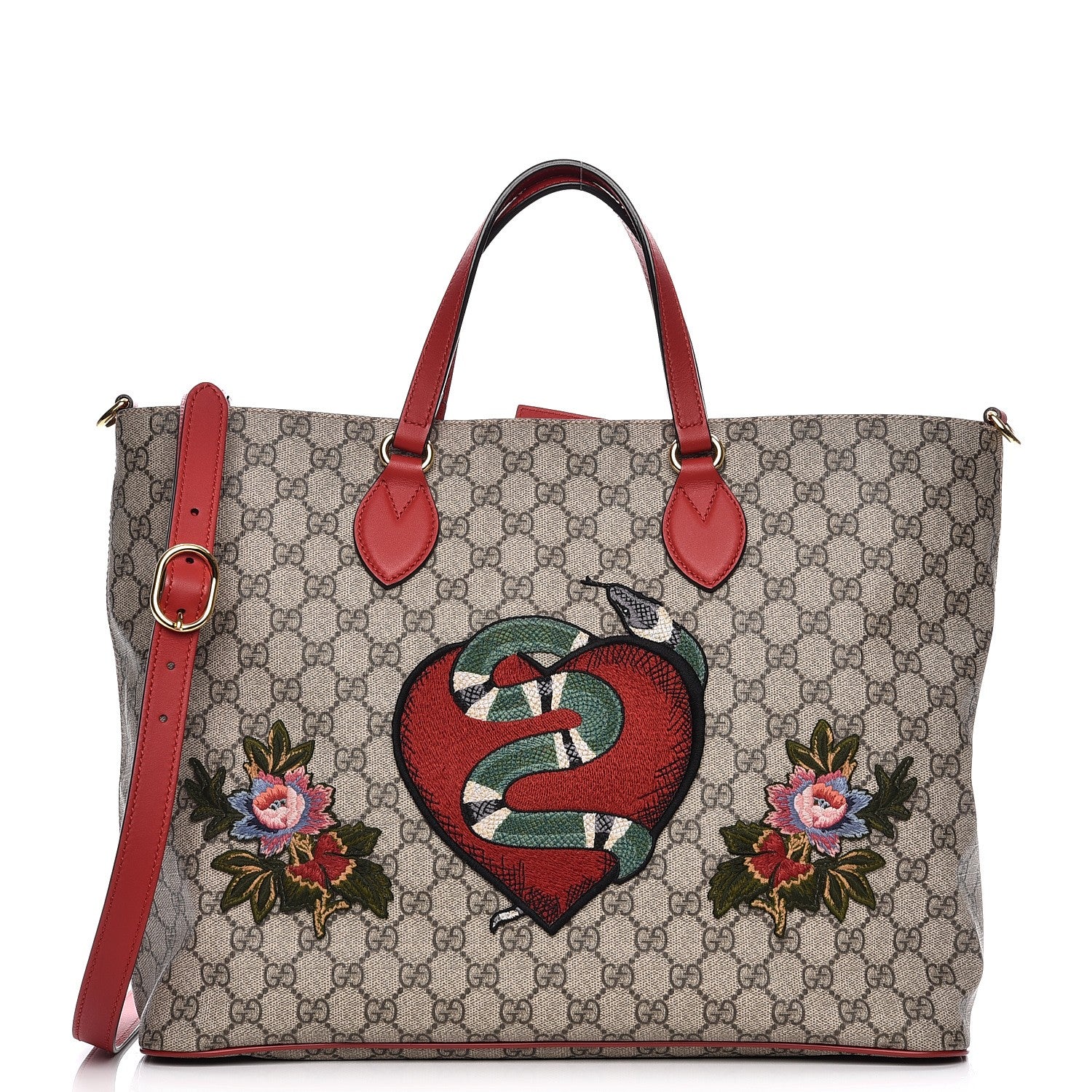 Gucci Soft GG Supreme Monogram Kingsnake Heart Embroidered Medium Crossbody Tote Beige Hibiscus Red 1 of 10