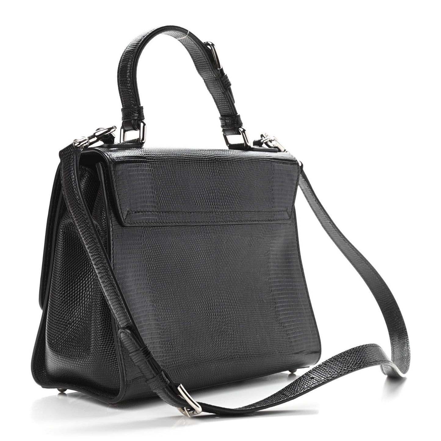 Lizard Calfskin Embossed Medium Monica Top Handle Bag Black