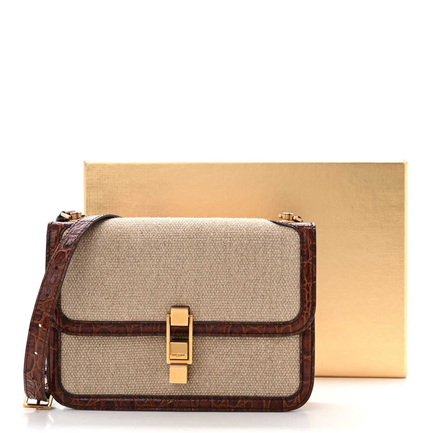 Saint Laurent Linen Canvas Crocodile Embossed Carre Satchel Natural Brown 12 of 12