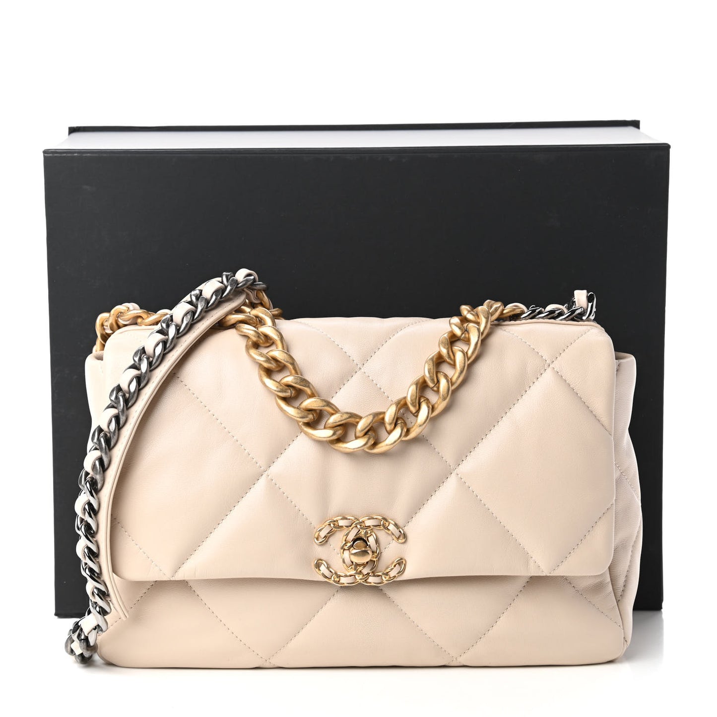 Goatskin Quilted Large Chanel 19 Flap Beige